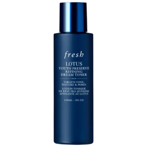 Fresh Lotus Youth Preserve Exfoliating Toner in clear bottle with lotus flower, ideal for smoothing skin texture